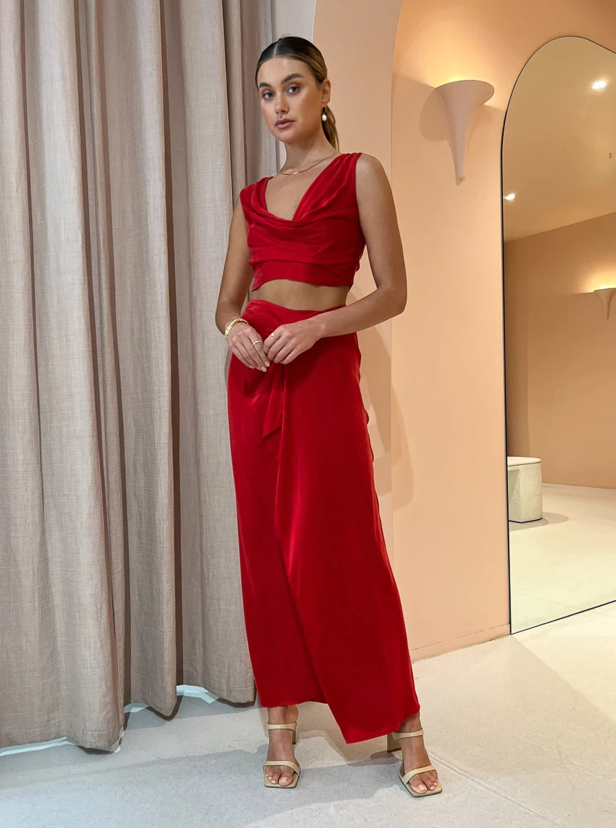 One Fell Swoop Marni Crop and Review Skirt. A red set with ruching for rent.