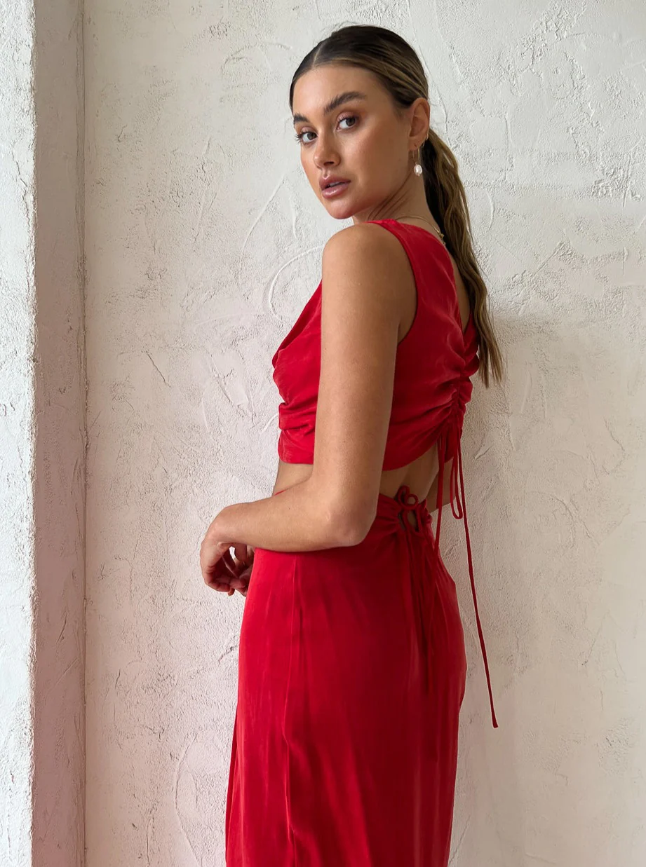 One Fell Swoop Marni Crop and Review Skirt. A red set with ruching for rent.