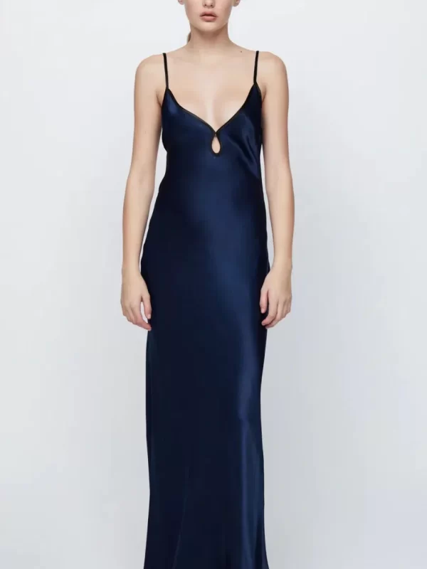 Hire the Bec and Bridge Cedar City Maxi Dress. A navy silk satin deep V dress with open back.