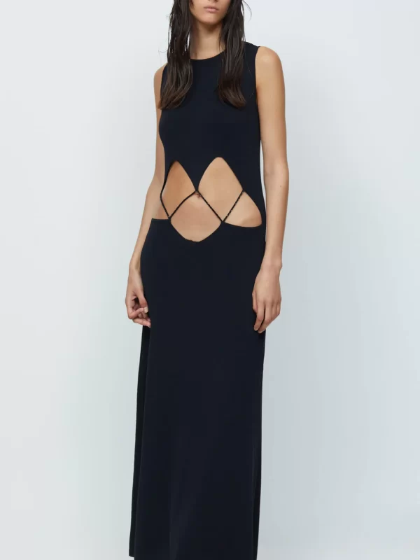 Bec and Bridge Skylar Suspend Knit Maxi Dress for rent. Black sleeveless maxi with front cut out.