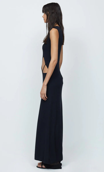 Bec and Bridge Skylar Suspend Knit Maxi Dress for rent. Black sleeveless maxi with front cut out.