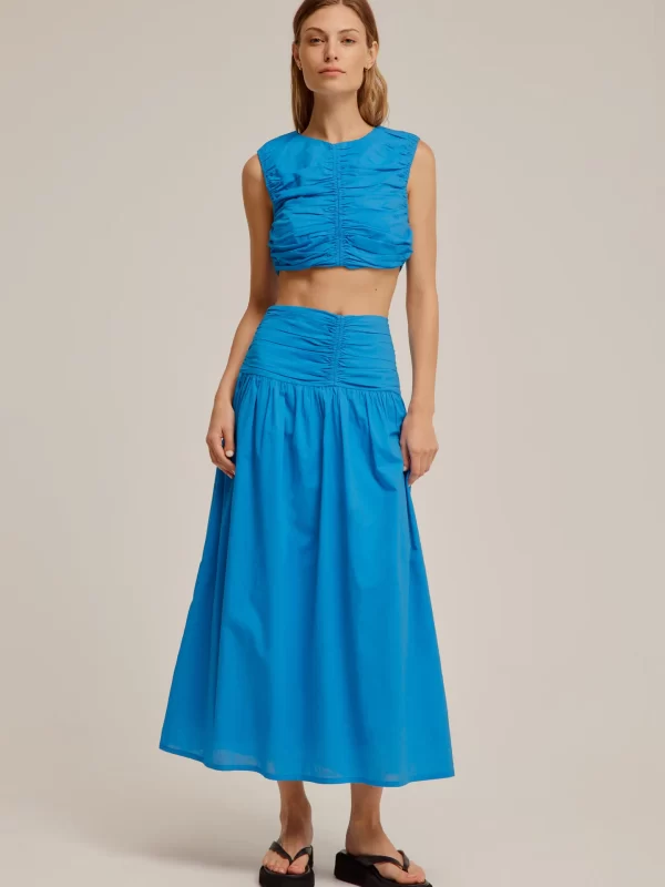 Sleeveless, blue maxi set by Venroy for hire.