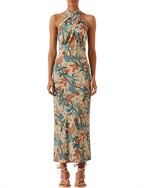 Shona Joy Malia Silk Cross Front Halter Bias Midi Dress Photo