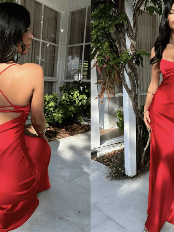 Silk maxi dress in red with tie back.