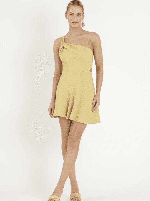 One Fell Swoop Hepburn Mini Dress. One shoulder yellow gold mini dress for rent.