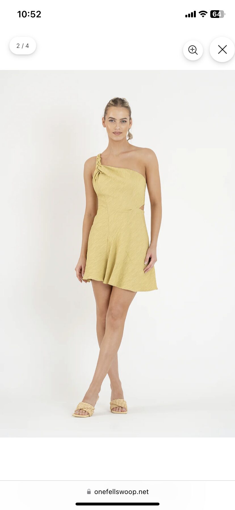 One Fell Swoop Hepburn Mini Dress. One shoulder yellow gold mini dress for rent.