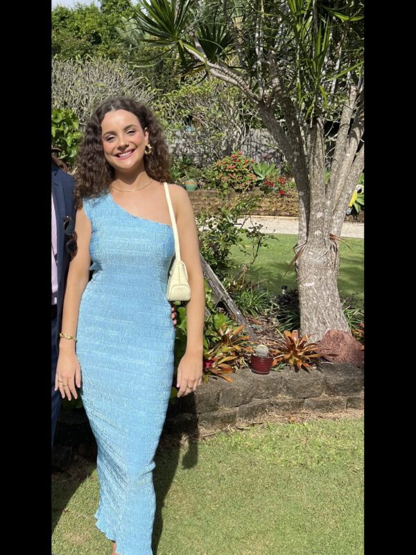 L'idee Gigi One Shoulder Smocking Gown for hire.
