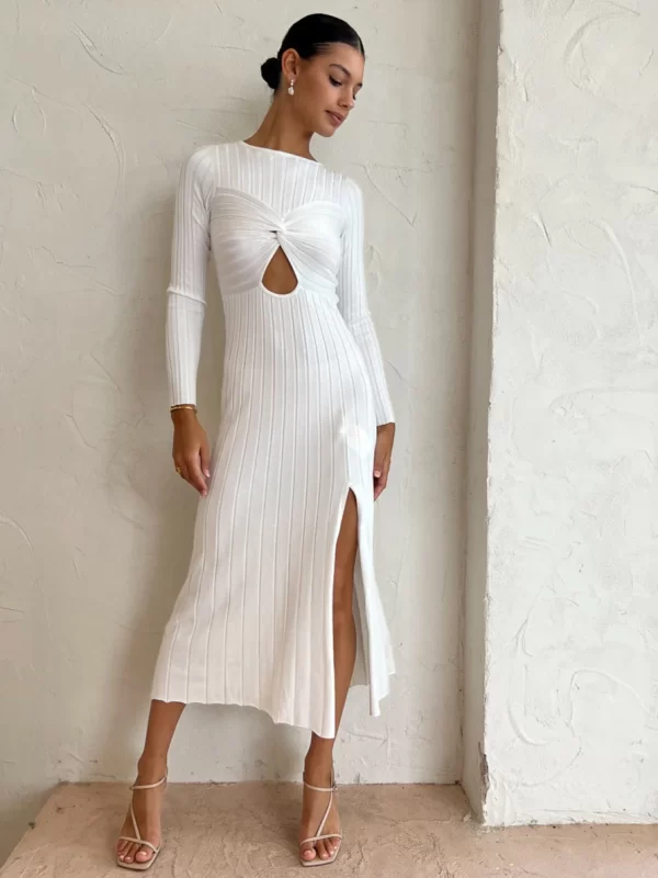 Sovere Recline Knit Dress in Chalk for hire.