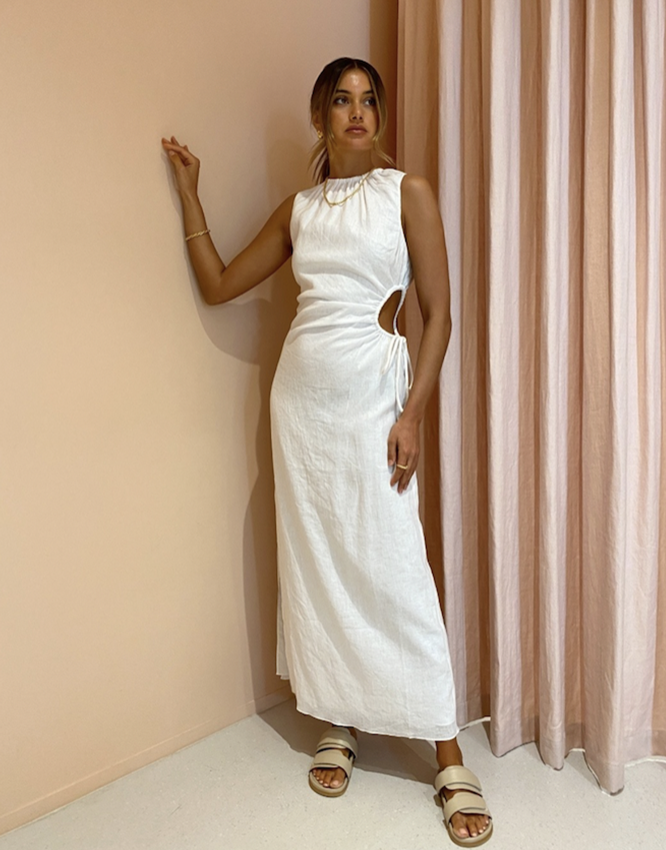 white linen cut out dress Cut-Out Linen Dress TAHITI in White