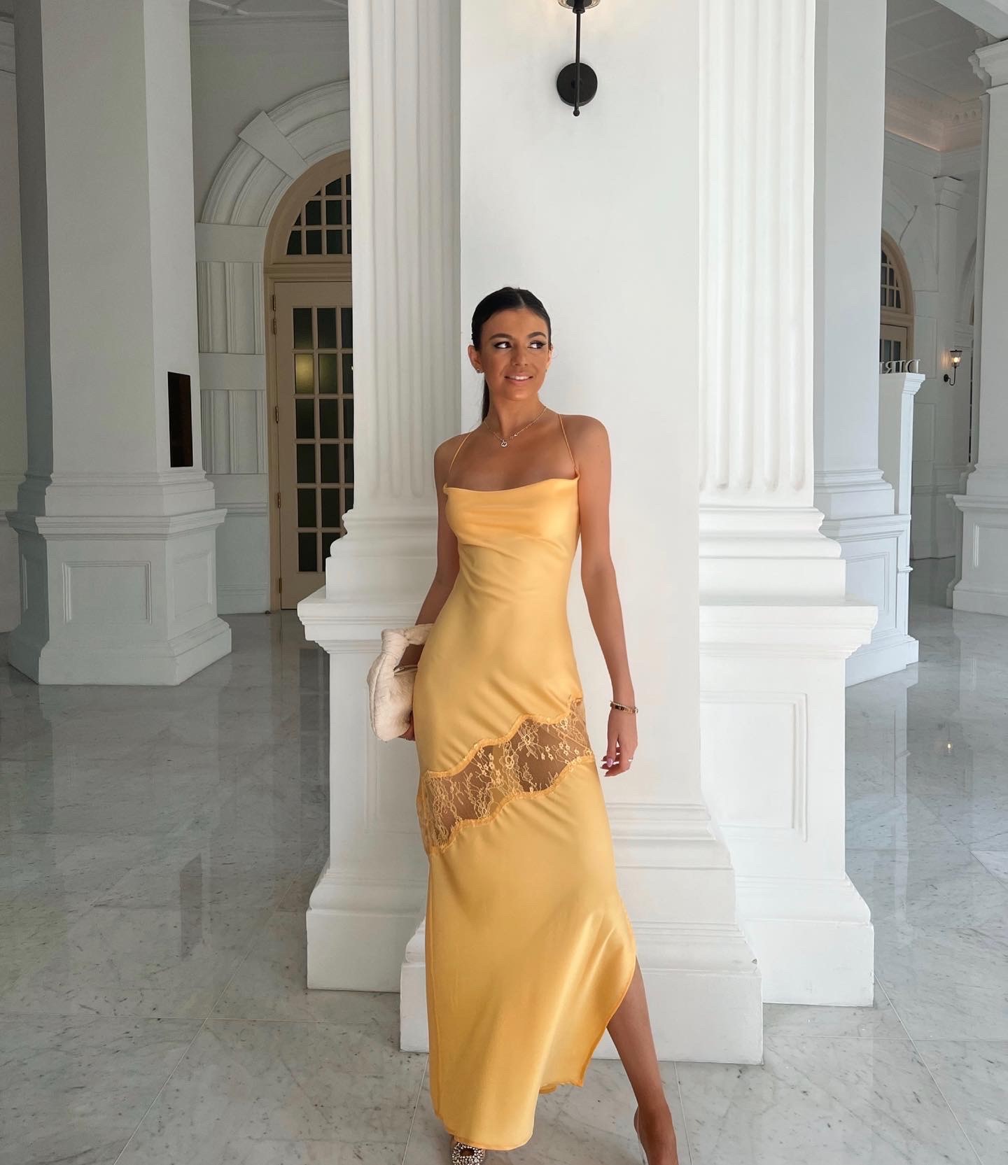 Meshki Chandra Lace Detail Satin Maxi Dress for hire.
