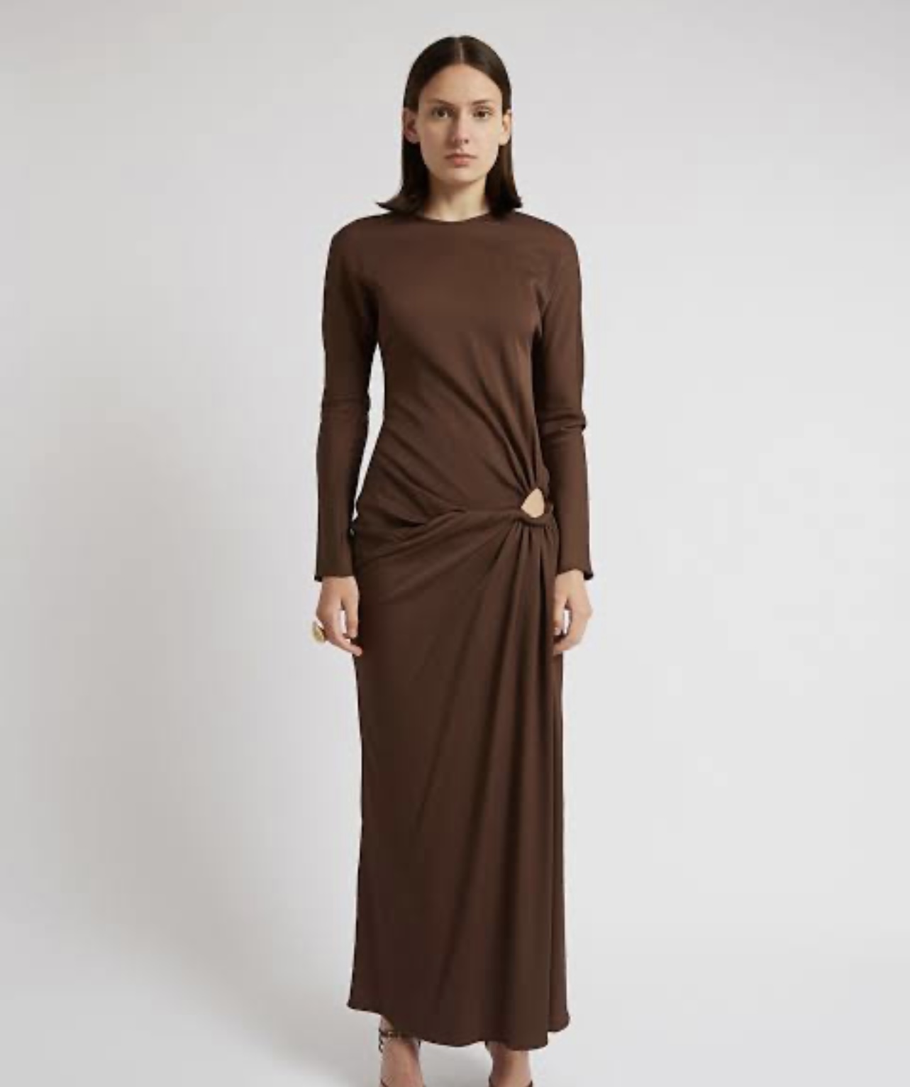 christopher esber long sleeve dress Christopher Esber Contour Suede Belted Long Sleeve Gown in Black & Deep Sand