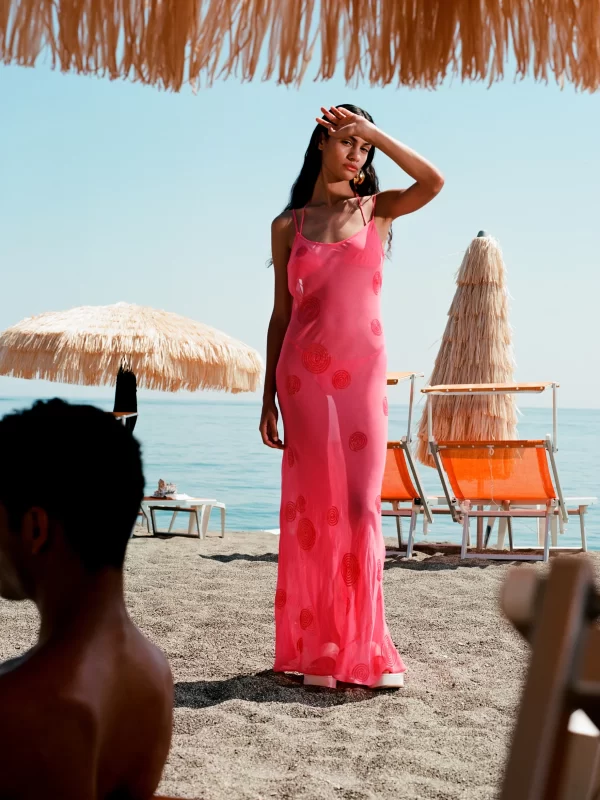 Venroy Sheer Sequin Slip Dress in pink.
