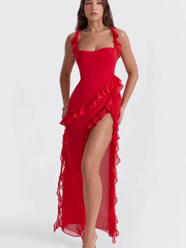 House of CB Ariela Cherry Ruffle Dress for hire.