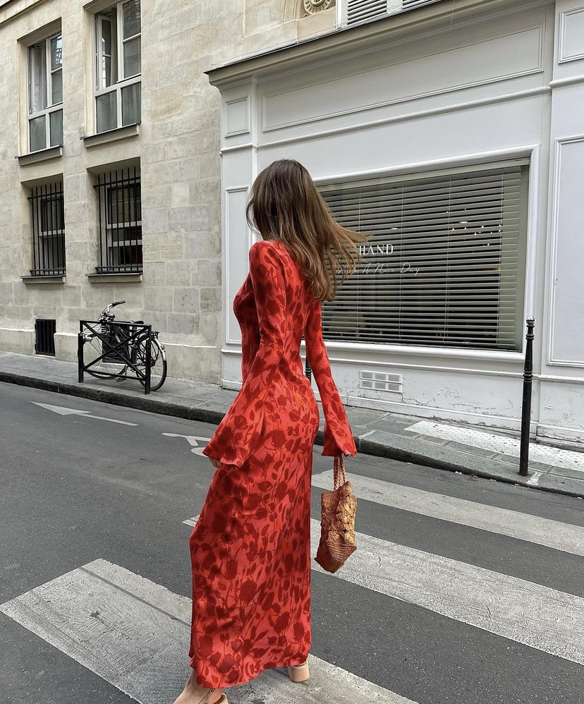 realisation par red dress long sleeve Réalisation Par The Gia Havana Print Long Sleeve Maxi Dress – Rent a Dress