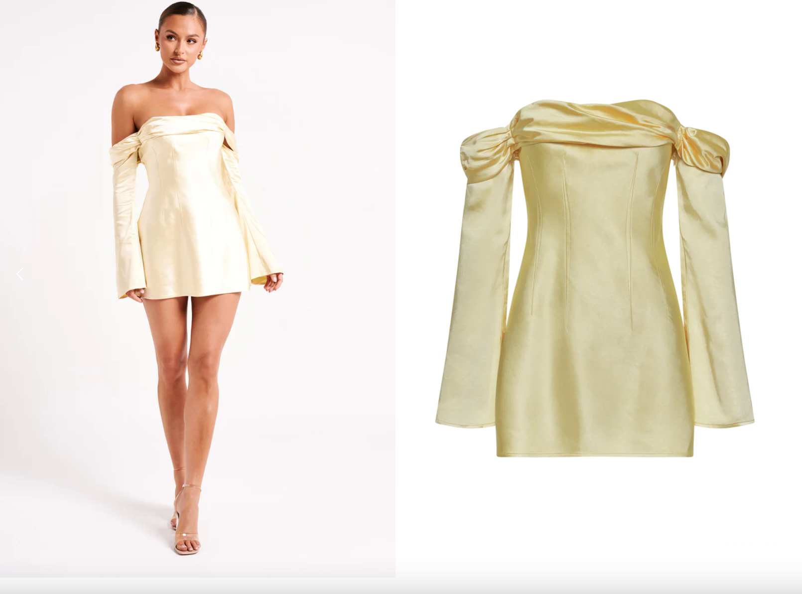 Meshki Giselle Off Shoulder Satin Mini Dress in Butter Photo