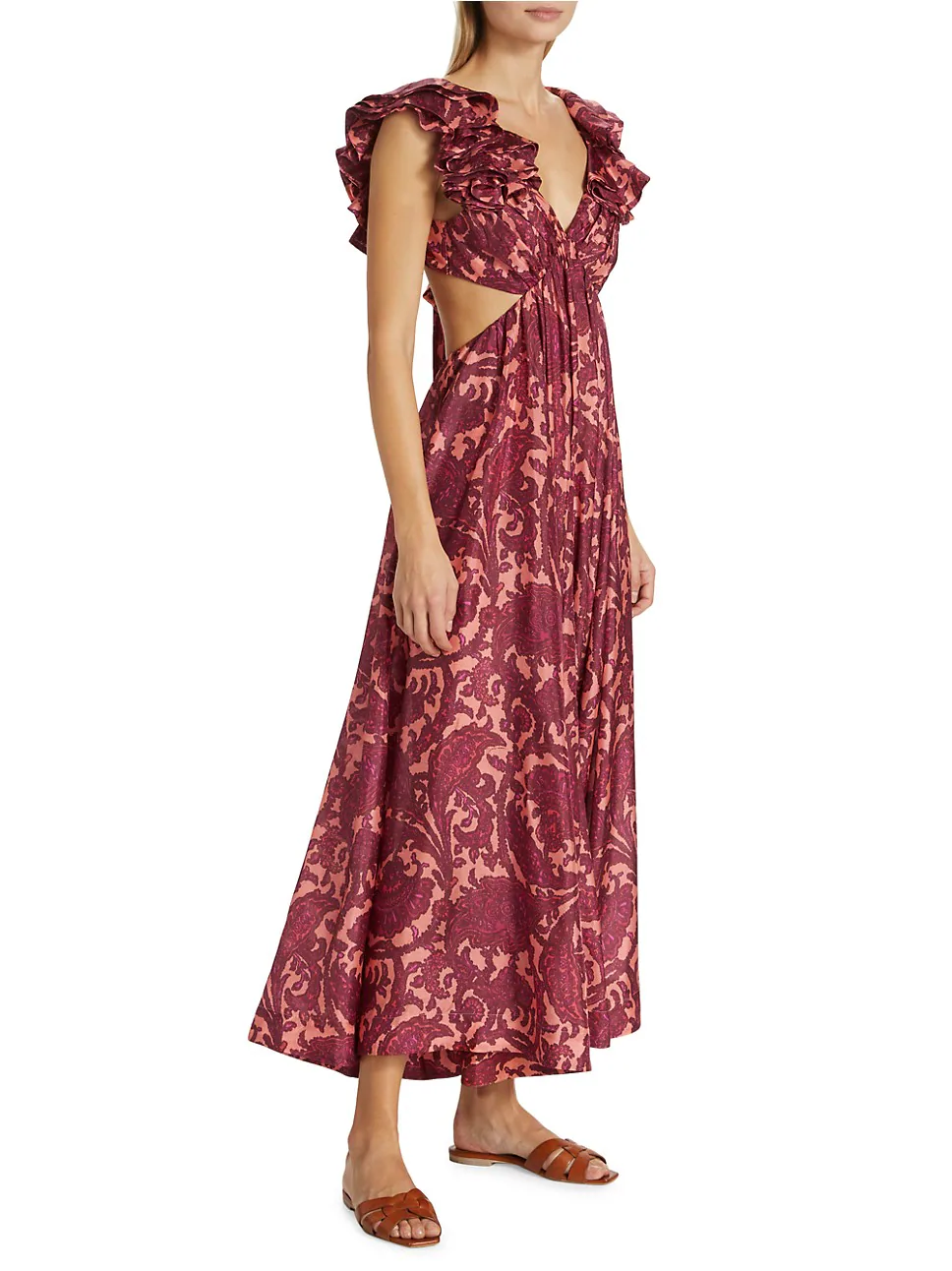 Zimmermann Tiggy Cutout Ruffled Silk Midi Dress Paisley-Print