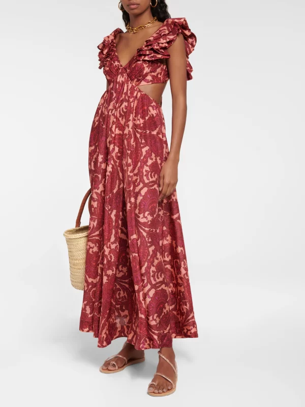 Zimmermann Tiggy Cutout Ruffled Silk Midi Dress Paisley-Print