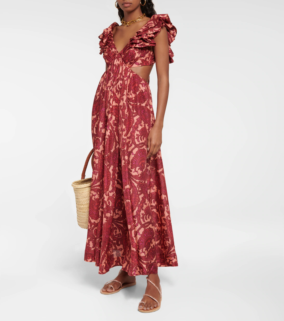 Zimmermann Tiggy Cutout Ruffled Silk Midi Dress Paisley-Print