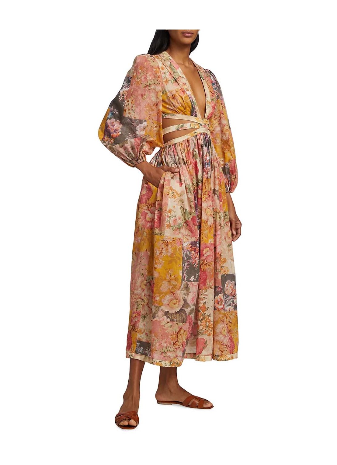 Zimmermann Pattie Patchwork Long Dress in a captivating print, Size 1 (AU 8-10), available for rent. This stunning dress combines a unique patchwork design with vibrant colors, creating a visually captivating ensemble. Ideal for special occasions or upscale events, this dress promises to make a fashion statement while ensuring a comfortable fit. Reserve it now for your upcoming event!