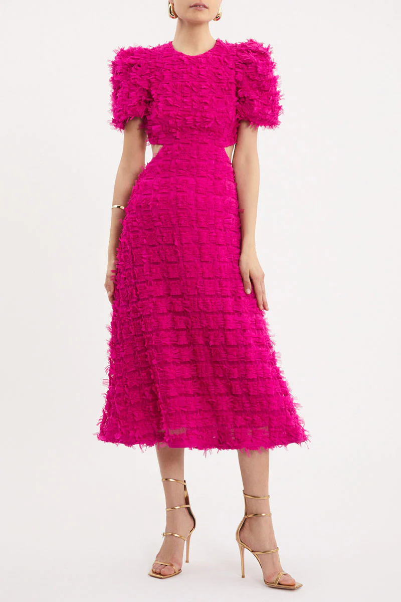 Rebecca Vallance Cherie Amour Puff Sleeve Midi Dress in Hot Pink – Rent a Dress