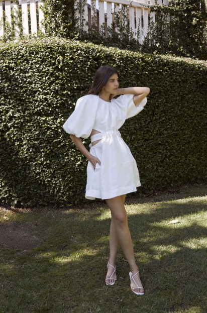 aje mini white dress Aje White Mini Dress Expressive Tiered Pleated Organza Strapless Size AU 10 M