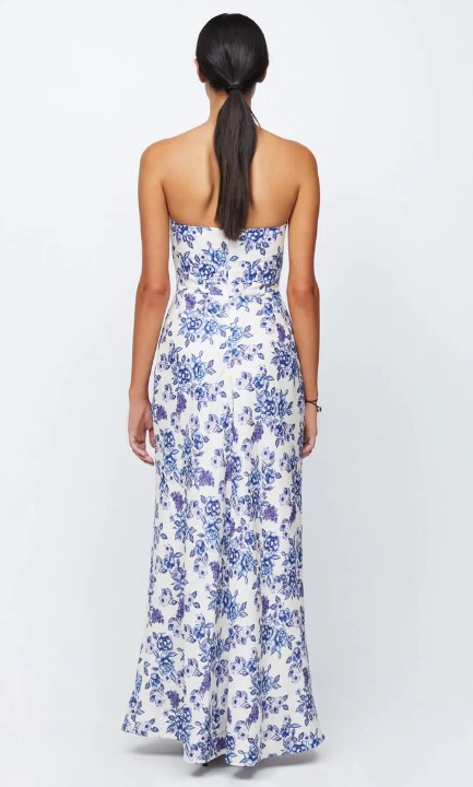 bec and bridge blue floral dress + Audette White Strapless Linen Maxi White – Rent a Dress Alessandra Rich Designer Clothing