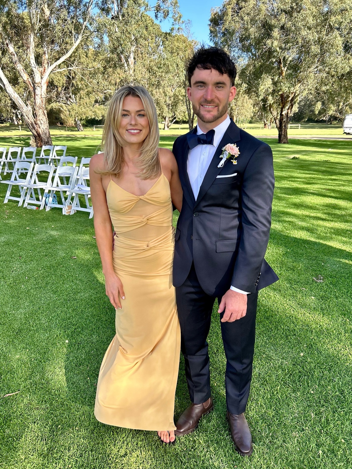 bec and bridge yellow and brown dress Bec + Bridge Cassis Drape Dress Available to hire in size 6, 8 & 10. Tap the image to secure your event date Image via @georgia.clarke_ #dresshire #dresshireaustralia #dresshiresydney #weddingguestdress