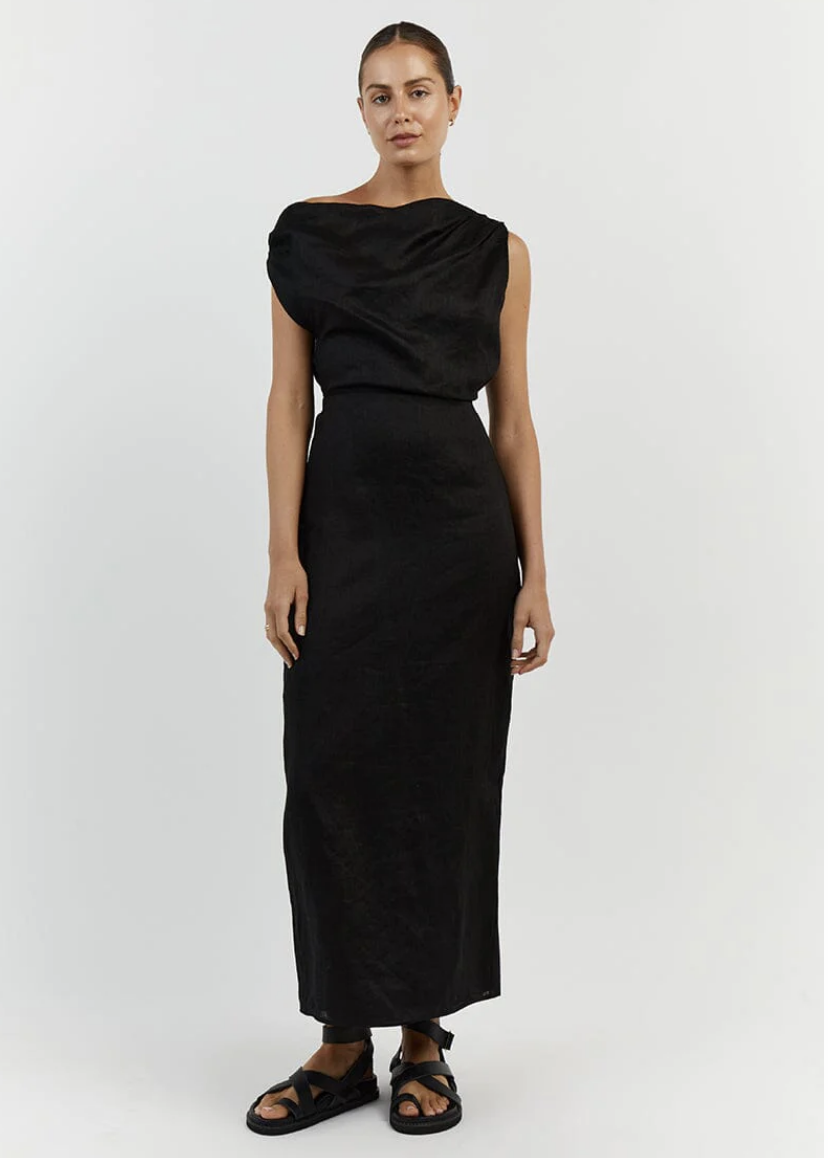 cass choc linen asym midi dress CASS CHOC LINEN ASYM MIDI DRESS