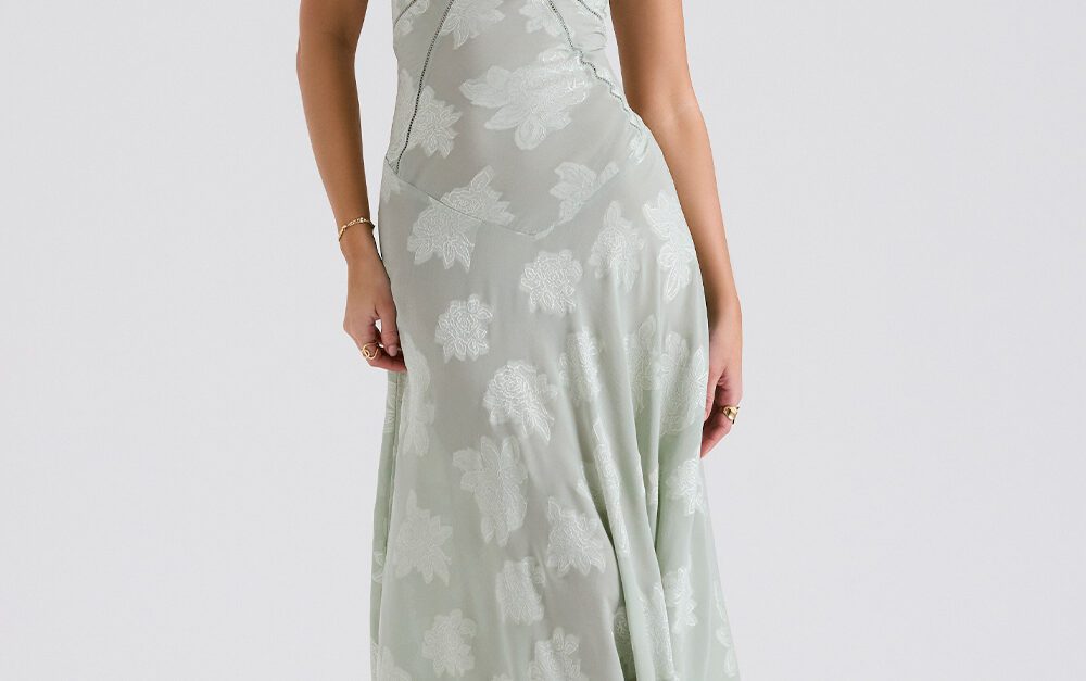 seren pistachio floral lace back maxi dress House of CB Seren Pistachio Floral Lace Back Dress – Rent a Dress
