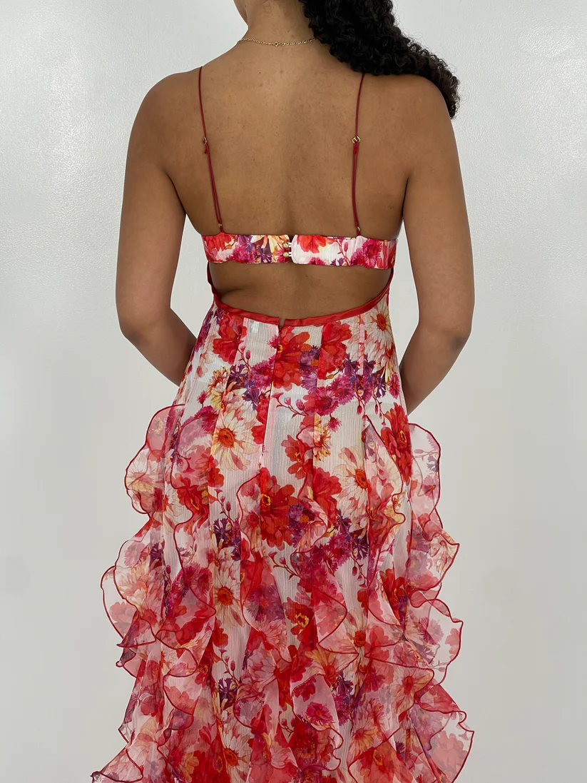 MENTI RED IRIS FLOWER MAXI DRESS FOR HIRE