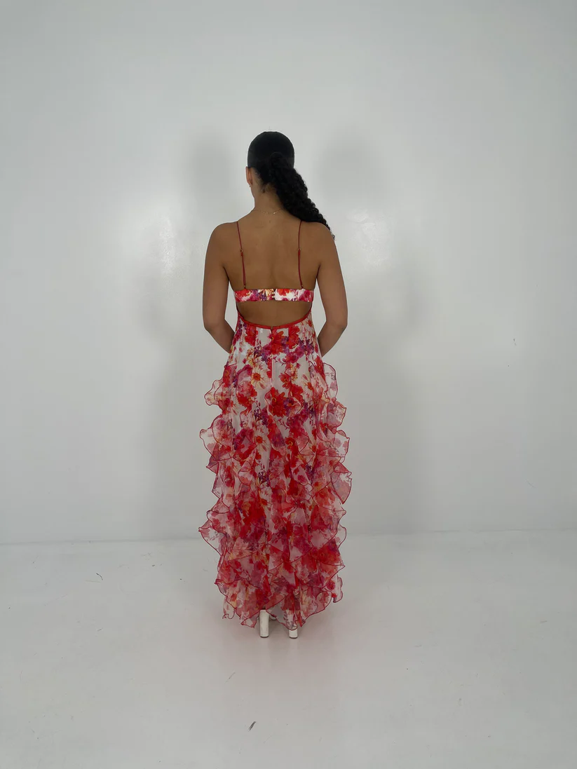 MENTI RED IRIS FLOWER MAXI DRESS FOR HIRE