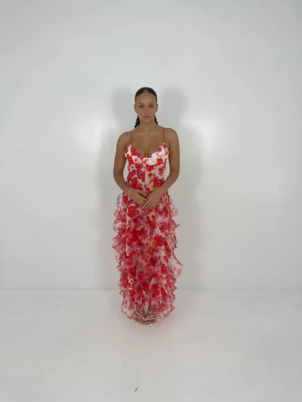 MENTI RED IRIS FLOWER MAXI DRESS FOR HIRE