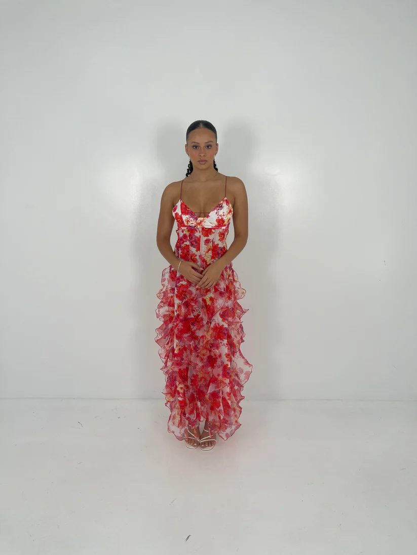 MENTI RED IRIS FLOWER MAXI DRESS FOR HIRE