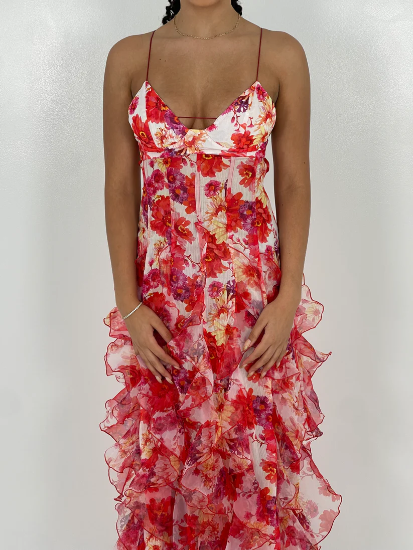 MENTI RED IRIS FLOWER MAXI DRESS FOR HIRE