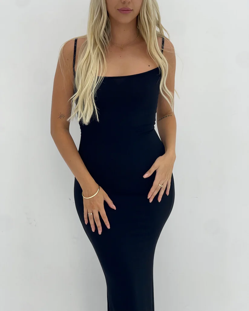 SKIMS LOUNGE SLIP DRESS IN BLACK FOR HIRE