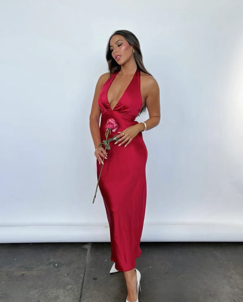 SELFIE LESLIE RED ROSE ACCENT HALTER DRESS IN RED