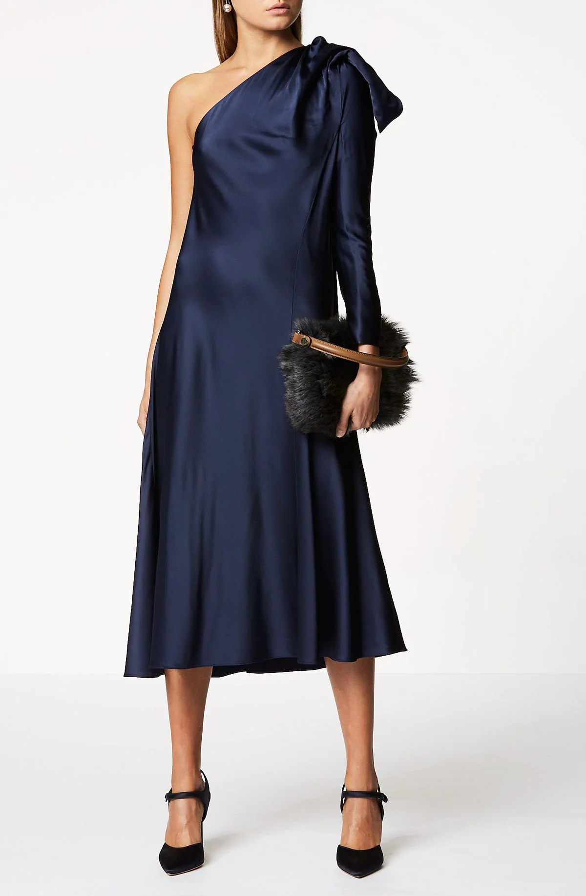 Scanlan Theodore One Shoulder Navy Satin Designer Dress Hire