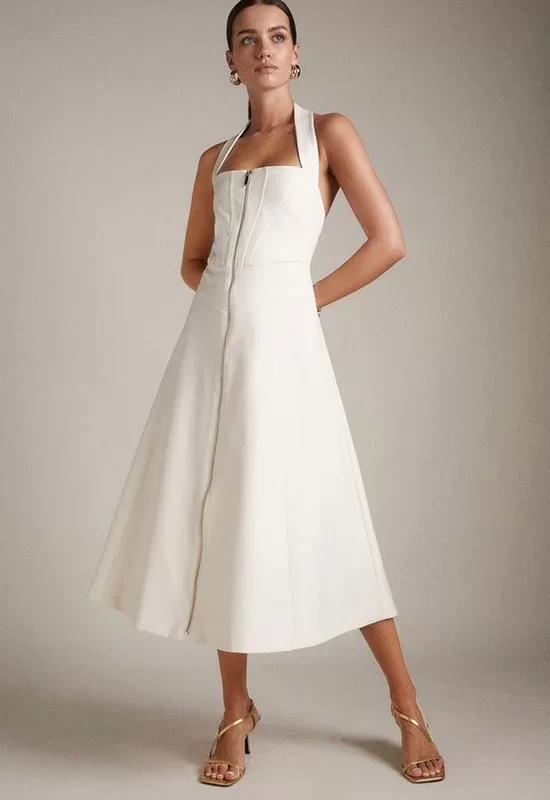 Karen Millen Zip Front Seamed Halter Midi Designer Dress Hire