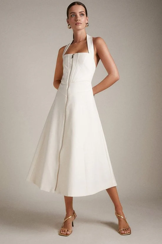 Karen Millen Zip Front Seamed Halter Midi Designer Dress Hire
