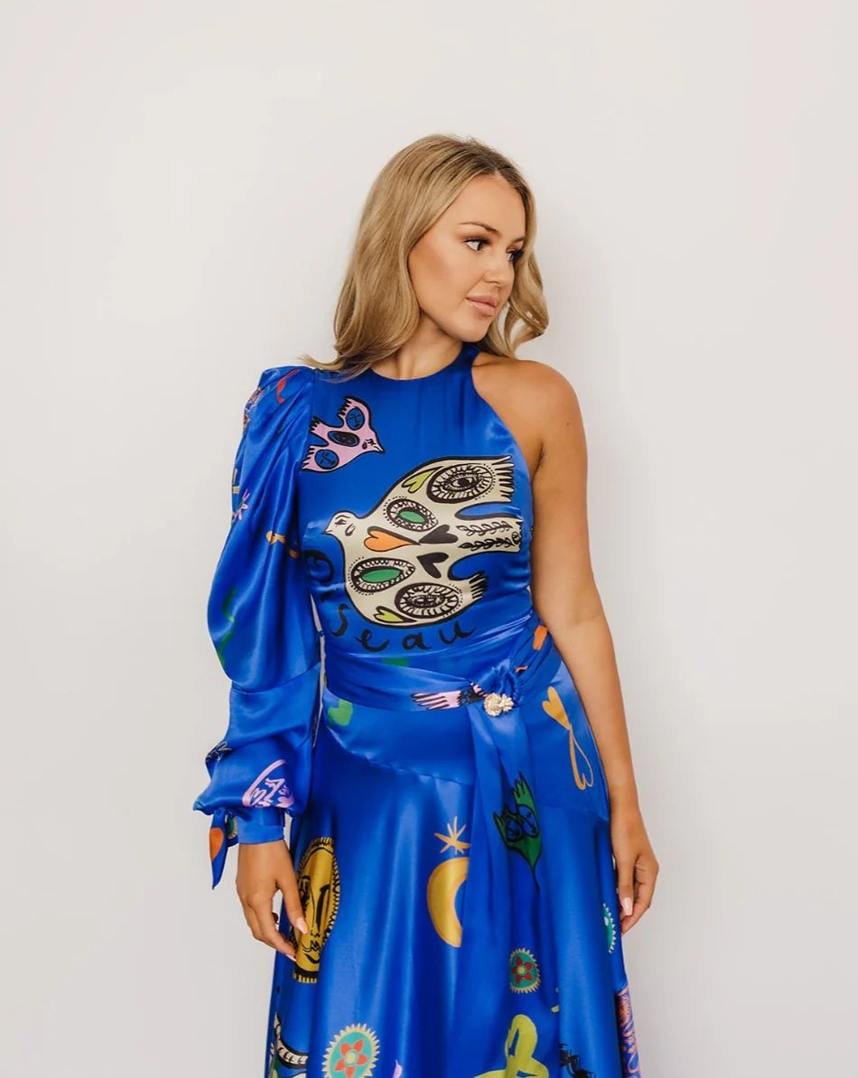 Alemais Soleil One Shoulder Blue Midi Designer Dress Hire