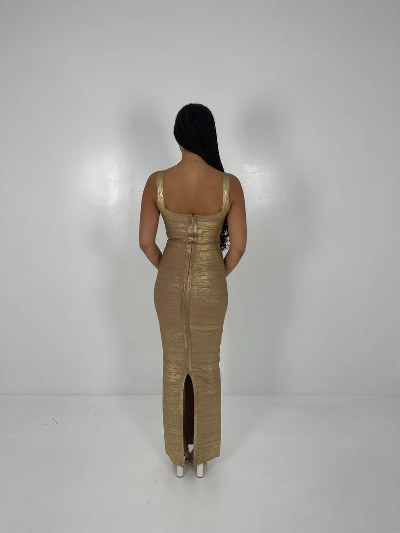 herve leger dress gold THE NIA GOWN HERV LGER