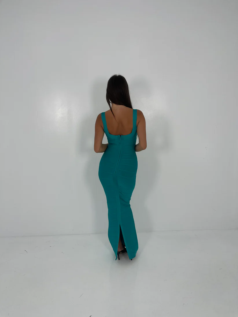 Hervé Léger Turquoise Round Neck Gown in Turquoise for Hire