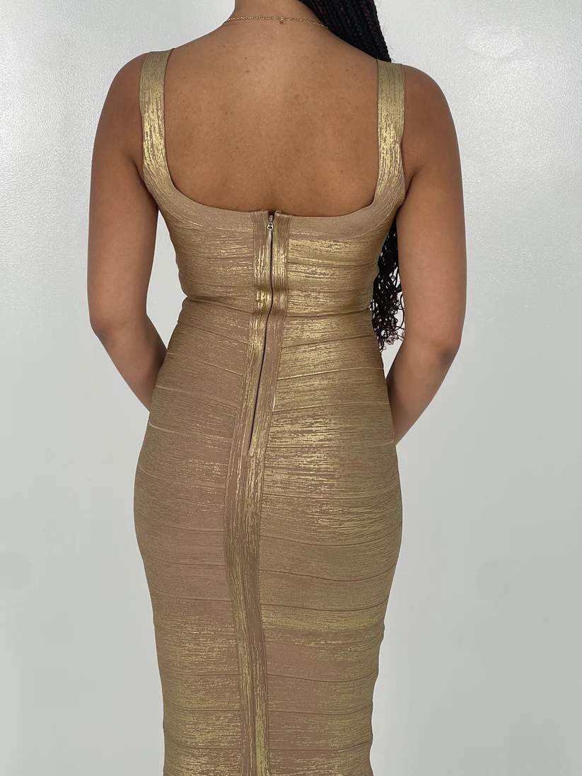 Hervé Léger Gold Round Neck Gown in Gold for Hire