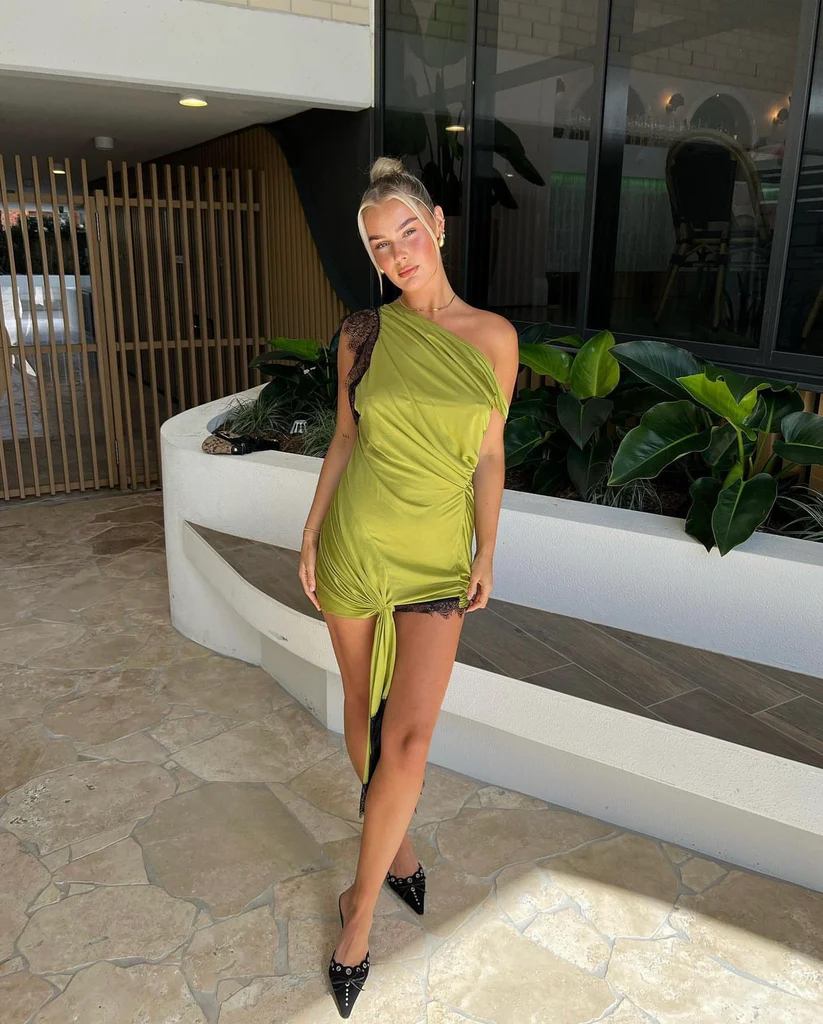 christopher esber asymmetric lace mini dress christopher esber asymmetric lace mini dress CHRISTOPHER ESBER Size 6 Green Black Viscose Polyester Lace Asymmetrical