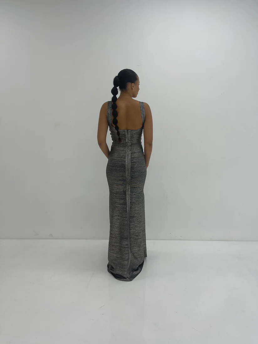 Hervé Léger Silver Foil Gown in Silver for Hire