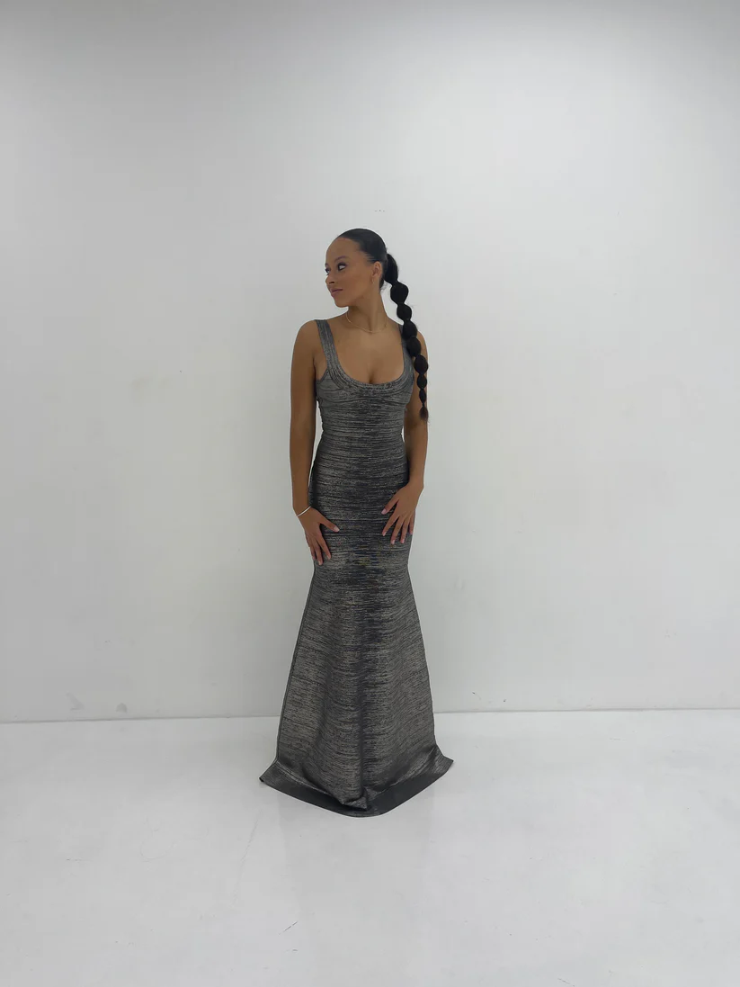 Hervé Léger Silver Foil Gown in Silver for Hire