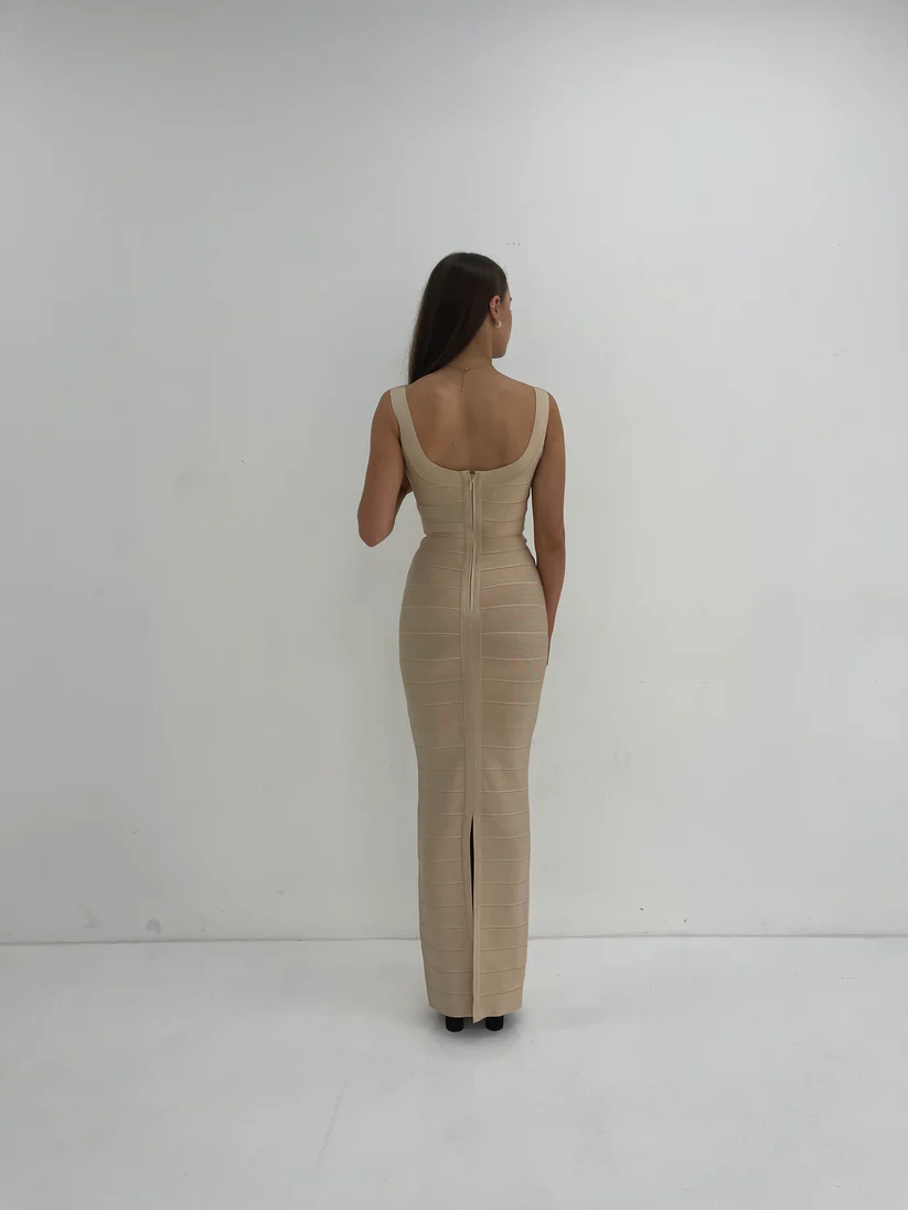 Hervé Léger Beige Round Neck Gown in Beige for hire
