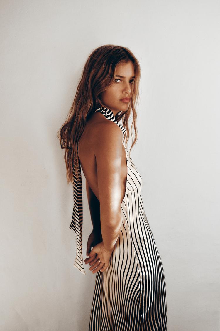 zara satin striped dress Zara Striped Light Grey + White Satin Dress