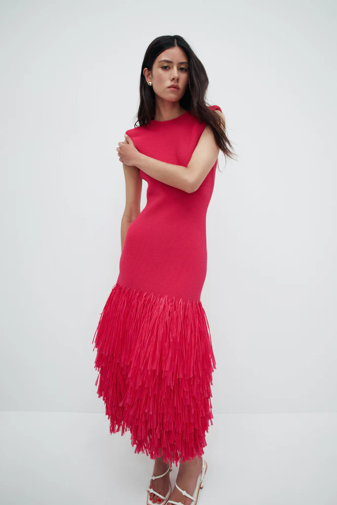 aje rushes raffia knit midi dress orange in Fuschia – Rent a Dress DRESS2020