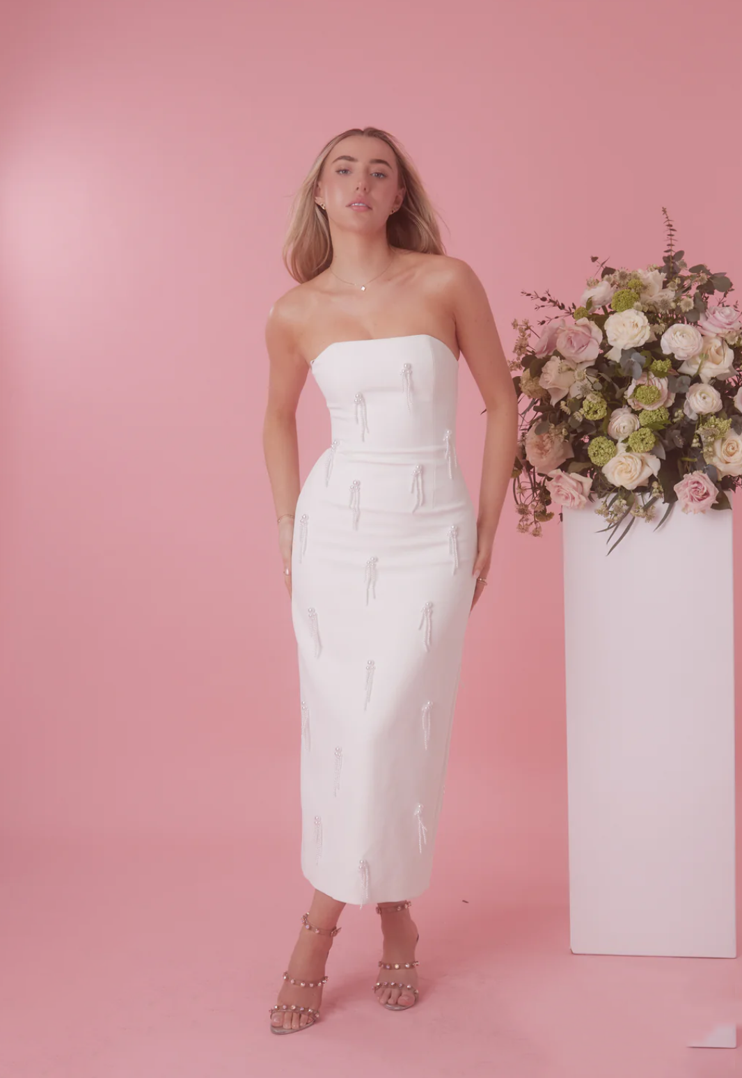 Ultimate Muse Embellished Strapless Midi dress White Ivory size 12 for hire